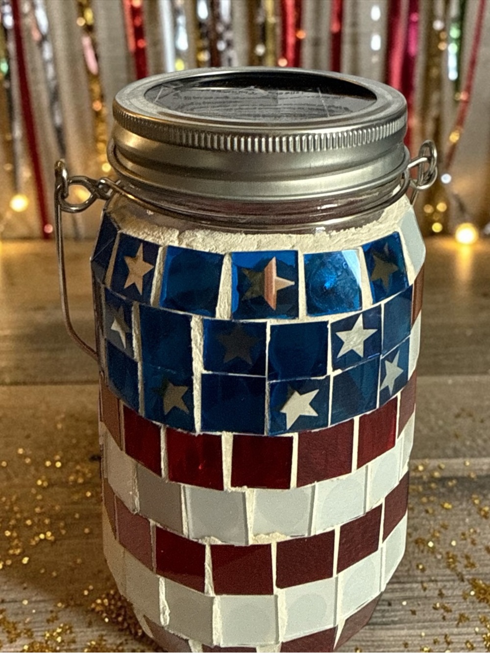 Solar Power Patriotic Mosaic Mason Jar Lantern